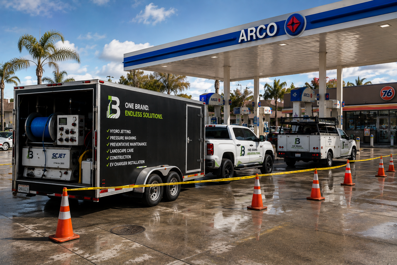 Branded hydro-jetting trailer and service trucks on site at an ARCO gas station