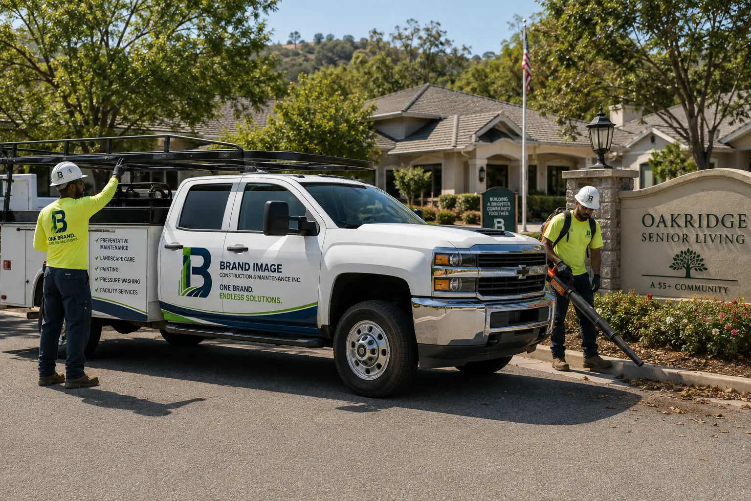 Branded Chevy service truck and crew providing grounds and facility maintenance at a senior living community