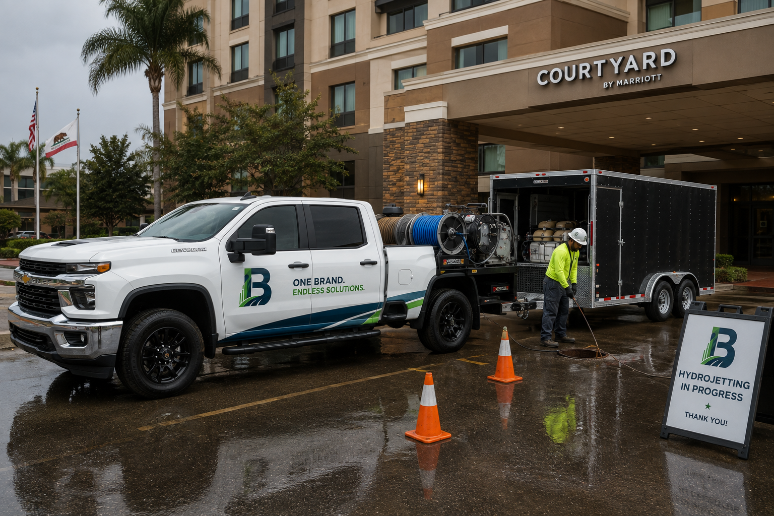 Hydro-jetting trailer and technician clearing drain lines at a Courtyard by Marriott hotel