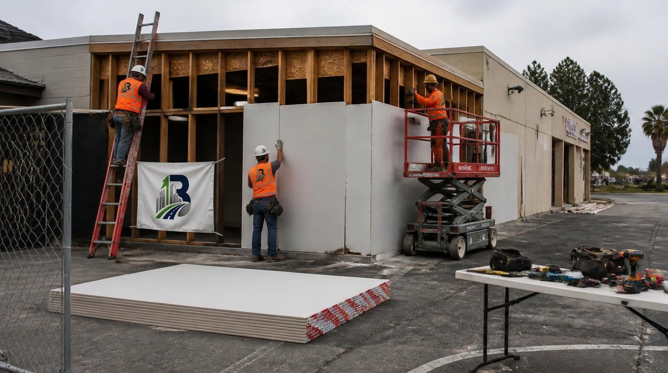 Brand Image Care crew framing and hanging drywall on a branded commercial building addition