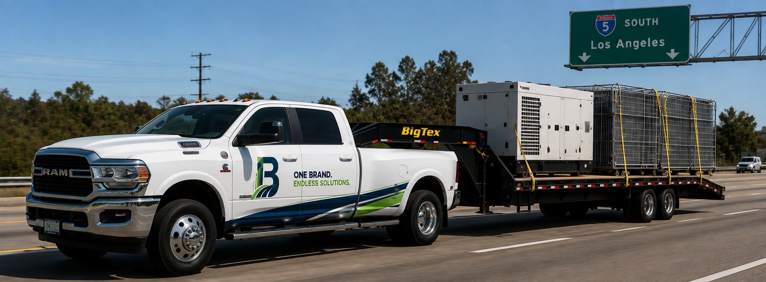 Branded Ram 3500 dually hauling a generator and fencing on Interstate 5 toward Los Angeles