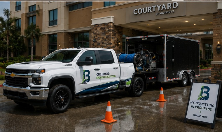 Branded Chevy 2500 service truck with hydro-jetting trailer on site at a Courtyard by Marriott