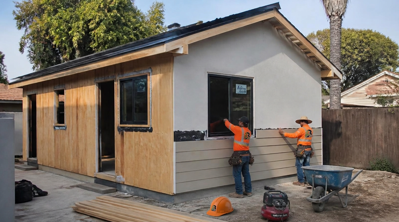 Brand Image Care crew installing siding and stucco on a backyard ADU build in California