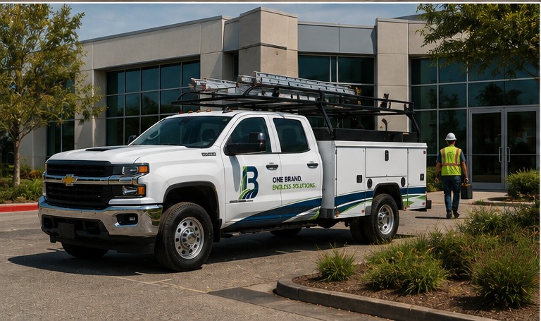 Branded Chevy 2500 utility service truck with ladder rack at a commercial office building
