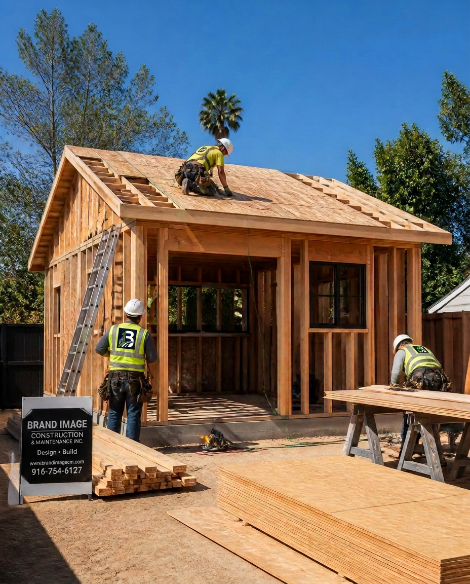 Brand Image Care crew framing an ADU construction build in California