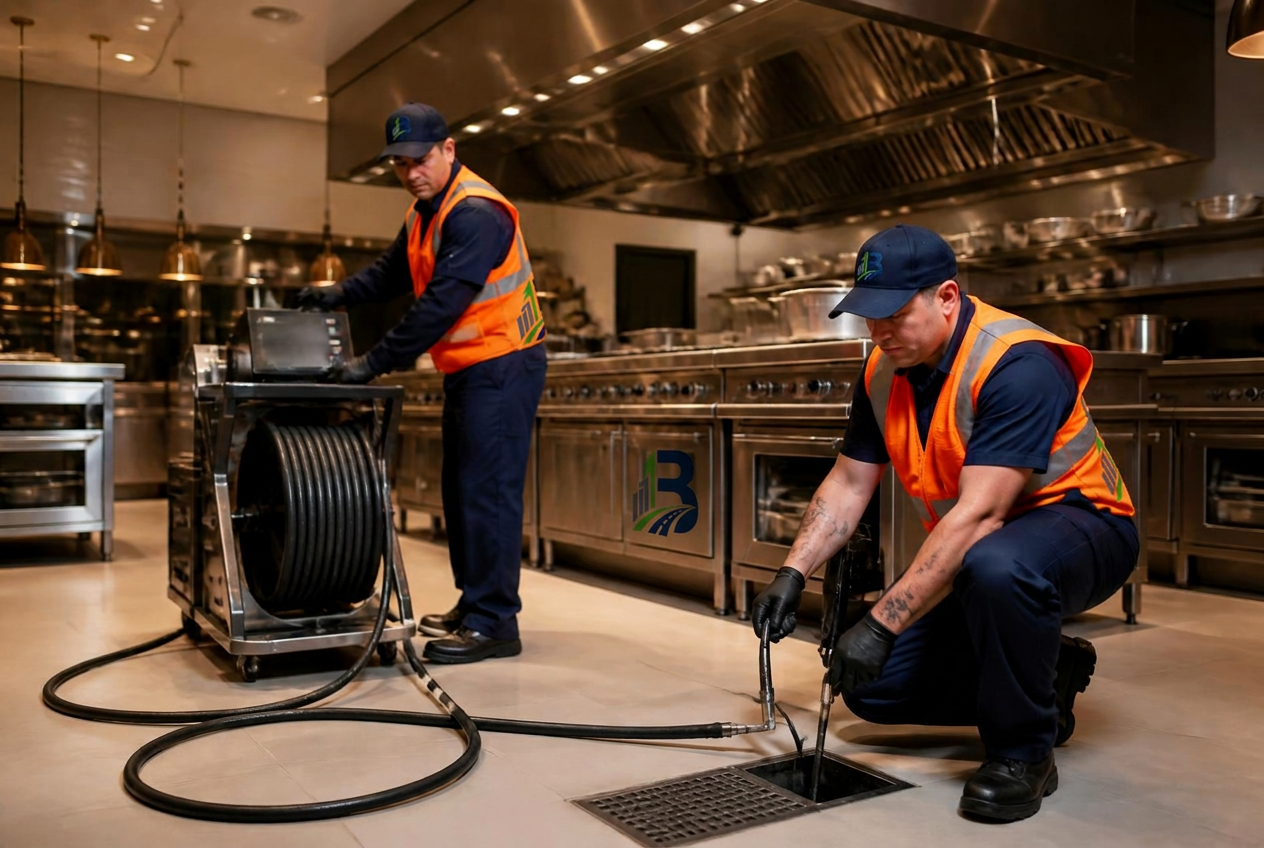 Brand Image crew hydro-jetting floor drains in a high-end hotel kitchen