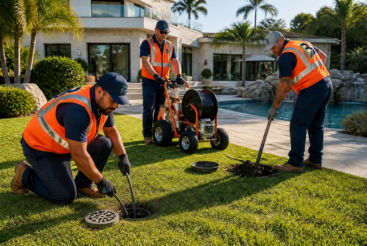 Brand Image crew hydro-jetting a landscape drain line in the backyard of a luxury residential estate